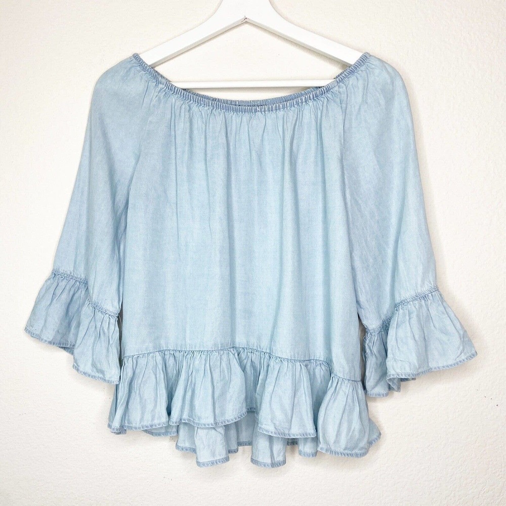 Sanctuary Chambray On or Off the Shoulder Chambray Ruffle Blouse Sz XS - Picture 2 of 7